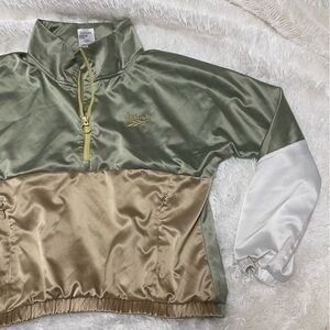Reebok ❤️ Crop Windbreaker, Shiny Satin in Sage Green, Pale Yellow & White, Sz S